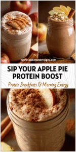 Creamy Apple Pie Protein Smoothie topped with cinnamon and apple slices in a glass jar.